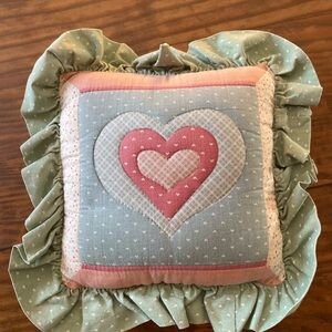 Vintage Handmade Tiny Quilted  Heart Decorative Pillow with Ruffled Border cute